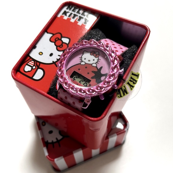 NWT Sanrio Hello Kitty Digital LCD Watch Pink Strawberry Polka Dot Tin Gift Box - Picture 1 of 4